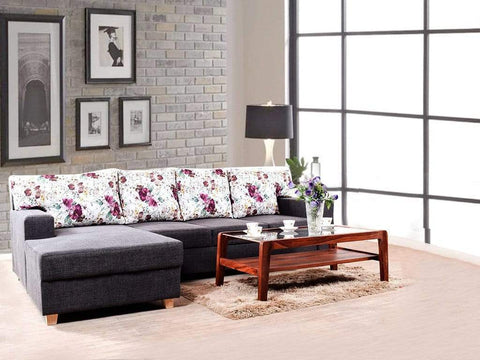 Walter LHS Sectional Sofa With Coral Cushion In Grey Fabric